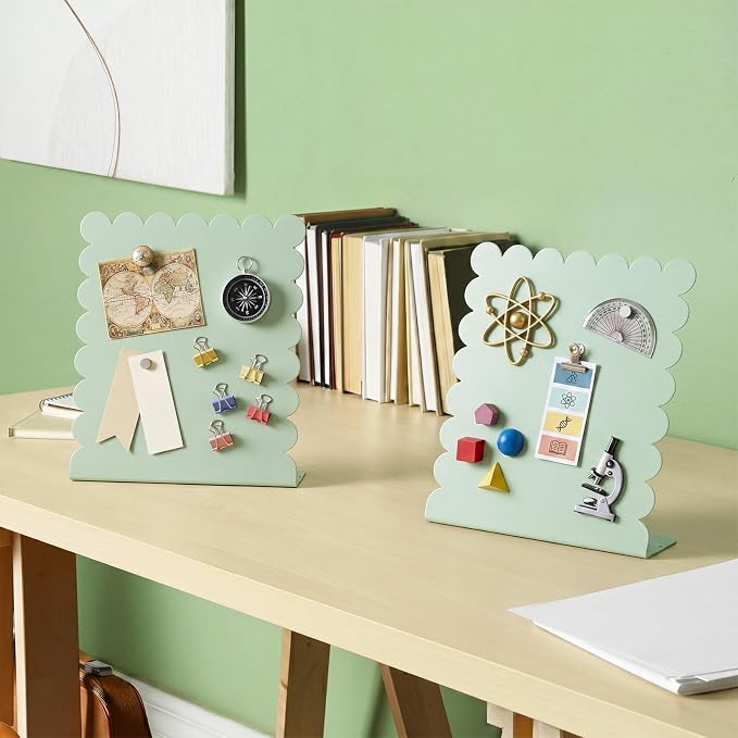 Gueevin 2 Pcs Magnet Board Standing Magnetic Metal Board for Desk and Wall Scalloped Magnetic Display Stand for Memos Photos and Documents Home Office School Desk Storage Decoration(Green,Medium)