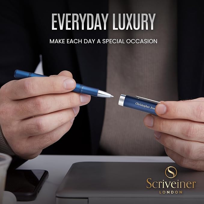 Scriveiner Personalized Blue Rollerball EDC Pen, Stunning Pocket EDC with Chrome Finish, Fancy Engraved Roller Ball Pen Writing Gift Set for Men & Women, Custom Name Engraving