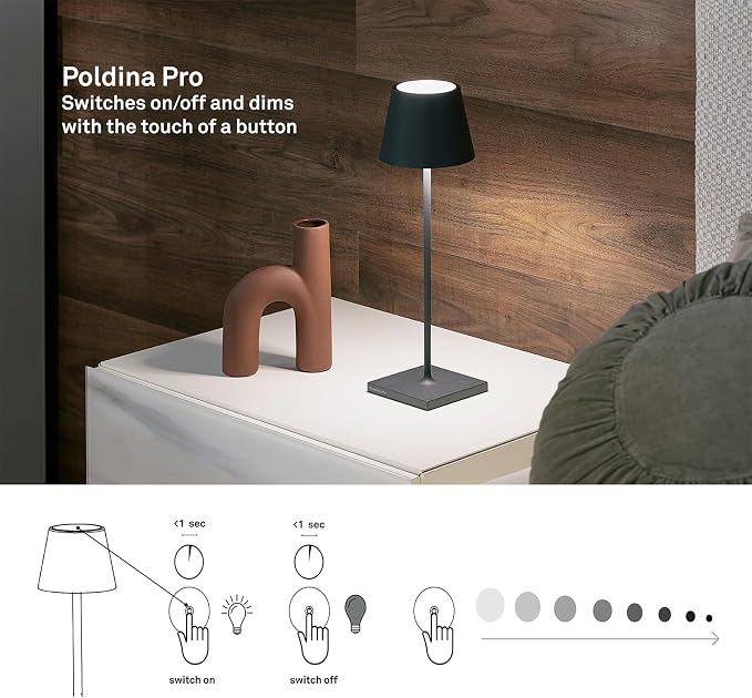 Zafferano, Poldina Pro Lamp, Rechargeable Cordless Table Lamp with Touch Controls, Suitable for Indoor and Outdoor, Dimmer, 2200-3000 K, Height 14.9 Inches, Bordeaux Color