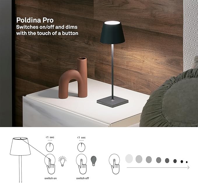 Zafferano, Poldina Pro Lamp, Rechargeable Cordless Table Lamp with Touch Controls, Suitable for Indoor and Outdoor, Dimmer, 2200-3000 K, Height 14.9 Inches, Dark Gray Color