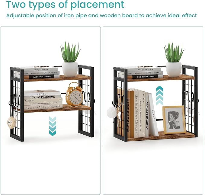 ELITEROO Desktop Shelf Organizer, 2 Tier Wood Desk Bookshelf, Rustic Brown | Desk Top Storage Rack for Office, Dorm, or Bedroom Decor, Small Tabletop Shelf for Books, Plants & Accessories
