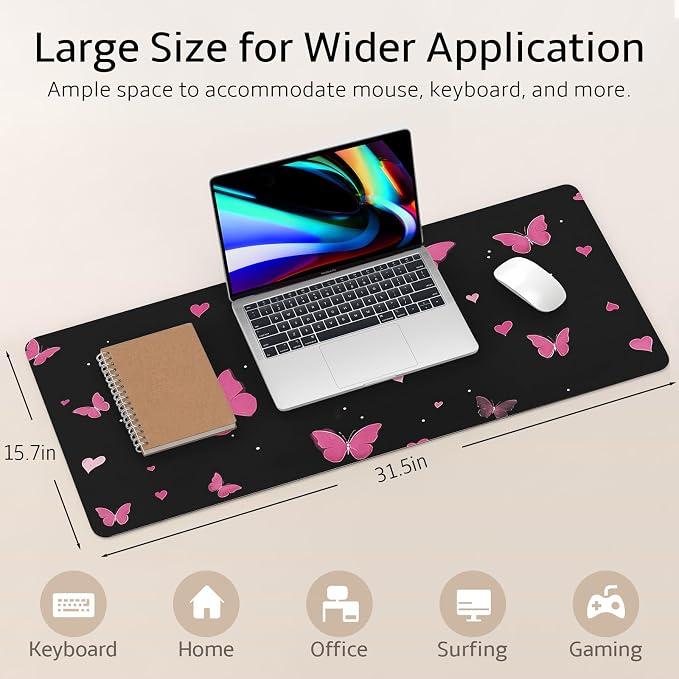 Mouse Pad Leather Desk Mat Large Keyboard Cute Office Desktop Computer Laptop XXL Long Big Aesthetic Modern Design Women Girls Gaming Gamer Oversized Wide Mousepad 31.5"x15.7", Pink Butterfly