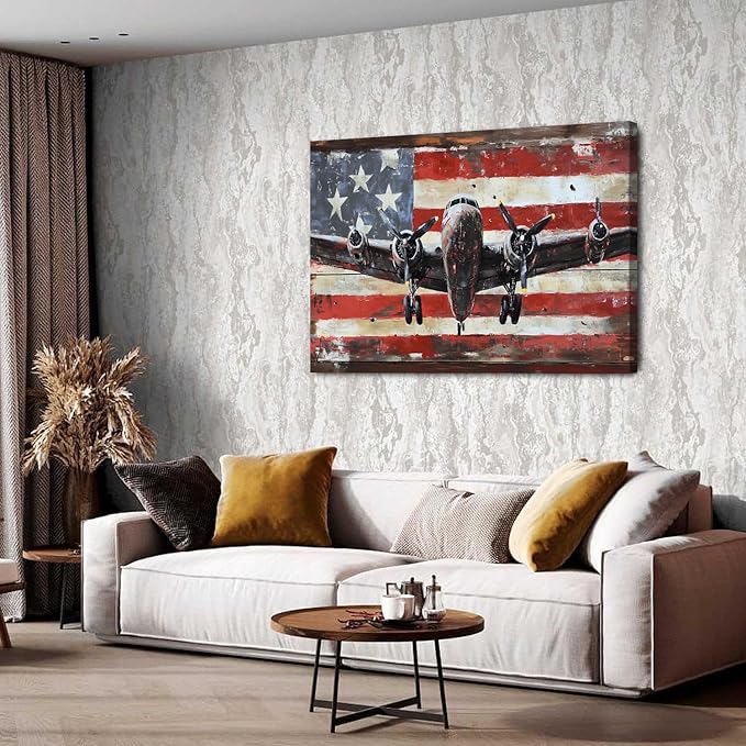 Vintage American Flag Airplane Wall Art Old Engine Aircraft Pictures for Living Room Retro Propeller Wall Decor Poster Aviation Canvas Prints Modern Artwork Bedroom Office Home Decorations 32x48"