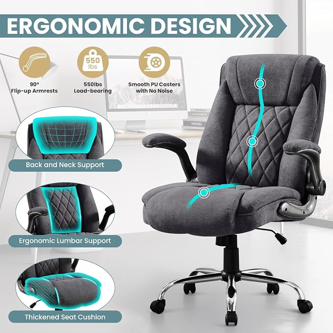 Big and Tall Office Chair 550lbs Heavy Duty Executive Fabric Office Chair with Adjustable Height, Flip-Up Armrests, Wide and Thick Seat Cushion, Comfy Chair for Heavy People, Ideal for Office Work