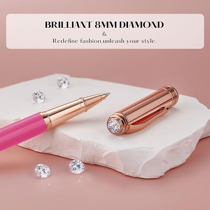 MCNTEIK Luxury Rollerball Pen, With 8mm Brilliant diamond,Vibrant Pink Pen,Attractive Real Rose Gold Finish, Schmidt Black Refill,Glitter Fancy Pens Gifts for Women Wedding Bridesmaid Office,Nice pen