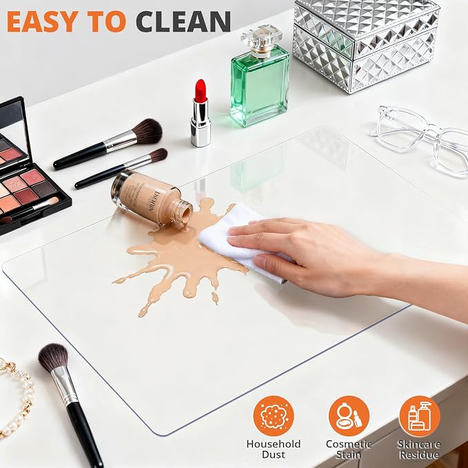 LovePads Clear Makeup Mat for Vanity, 14 x 24 Dual-Sided Desk Pad & Vanity Cover Top, Waterproof PVC Protector Mat for Dresser, Nail Art, Craft Table