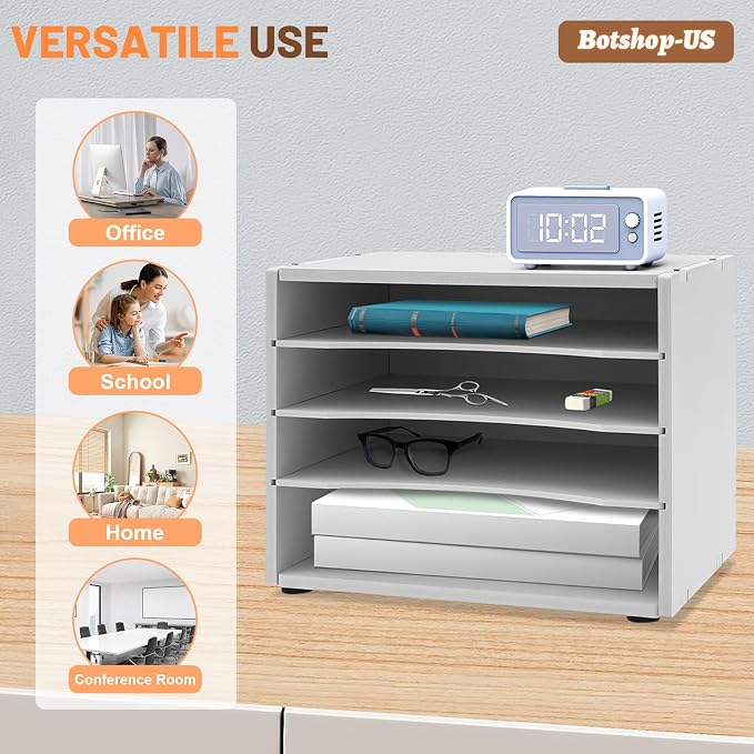 Gdrasuya10 Office Desk Organizer Shelf 2Pcs File Holder Mail Sorter Paper Organizer for Desk 4 Compartments Letter Tray Home & Office Mailbox School Desktop Adjustable Shelves, White