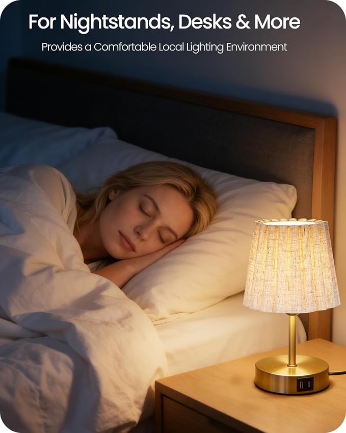 Small Bedside Table Lamp, Touch Dimmable Table Lamp with USB Ports, Nightstand Lamp with a Stepless Dimming LED Bulb, E26 Base, for Bedroom, Study, Desk, Gold and Beige DE16TL05