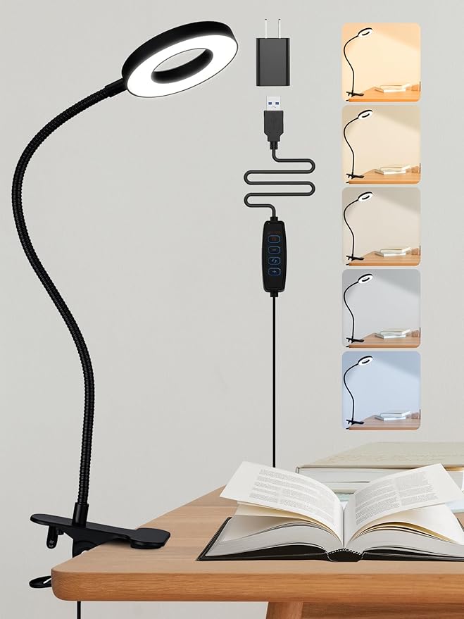 Clip on Lamp,5 Colors+10 Brightness Memory LED Desk Lamp with Clamp Light | 550lm Bright Clip on Light for Bed Headboard/Bedside Table,360° Adjustable Reading Light for Bed/Dorm/Nail/Puzzle,USB Adapter