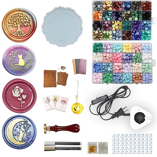 Wax Seal Kit, Electric Wax Seal Warmer, 1300 Pcs Wax Seal Beads with 4 Pcs Wax Seal Stamps, 48 Color, 50 Pcs Wax Seal Stickers, Envelope, Wax Seal Metallic Pen