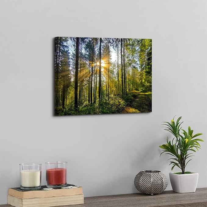 Sunrise Forest Canvas Wall Art for Living Room Nature Landscape Pictures Wall Decor Sunset Woods Mountain Painting Sunset Trees Trail Scenery Photo Prints Poster Artwork Bathroom Decorations 12x16”