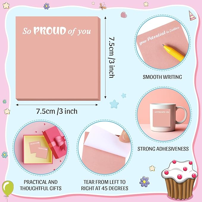 Yinder 24 Pcs Inspirational Sticky Notes Thank You Gift Motivational Sticky Note Pad Employee Appreciation Gift Bulk for Staff Coworker Teacher Nurse Office Groups 3 x 3'' (Motivational,Pink)