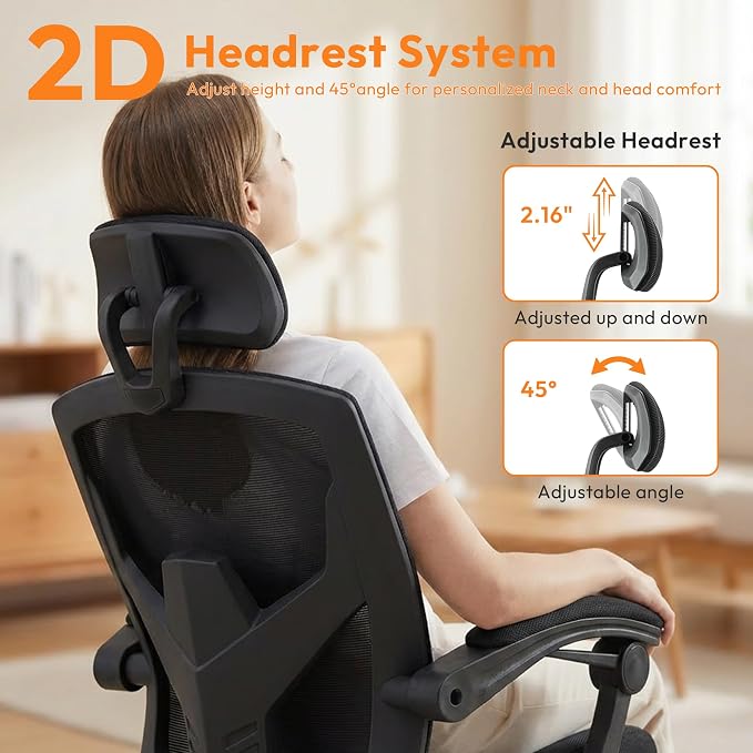 Desk Chair with Foot Rest, High-Back Mesh Office Chair, Classic Black | Reclining Gaming Chair with Headrest and Adjustable Lumbar Support, 90°-130° Reclining, for Home Office and Gaming