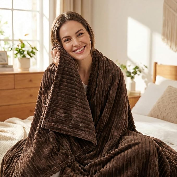 Vessia Flannel Fleece Twin Size Blanket, 300GSM Cozy Brown Stripe Bed Blanket for Couch, Sofa and Bed, Warm and Soft Chocolate Microfiber Ribbed Home Decor for All Season
