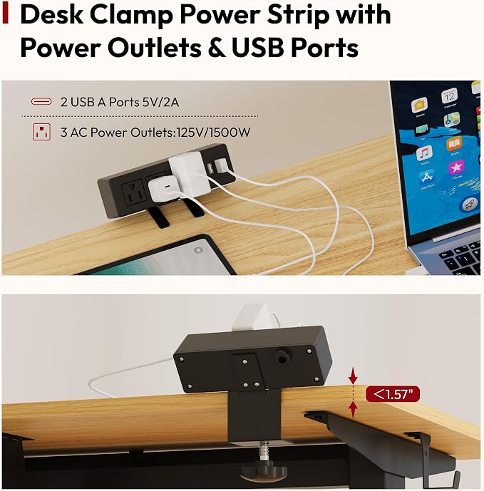 SANODESK Electric Standing Desk with Desk Clamp Power Strip 60"x 24" Whole-Piece Desktop Height Adjustable Stand Up Desk with Cable Management Sit Stand Home Office Desk Black Frame/White Top