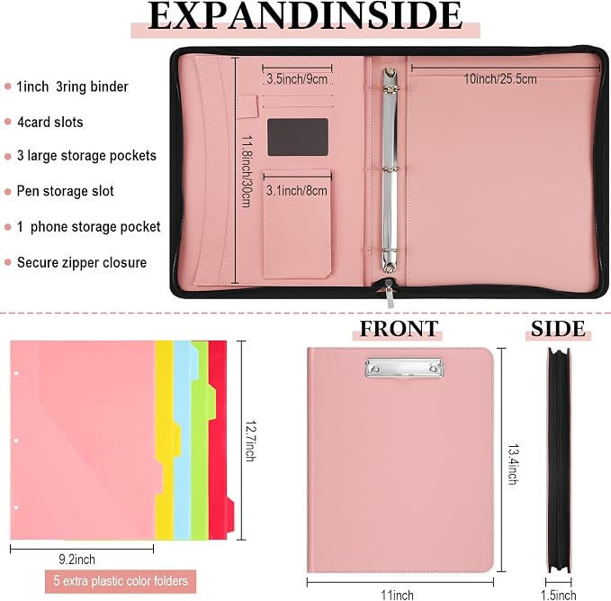 Gilprop Portfolio with 3 Ring Binder, Binder Padfolio with Zipper for Women Men, Leather Business Folder Organizer, 5 Folder Divider Pages for Tablet Resume Documents Business Cards(Pink)