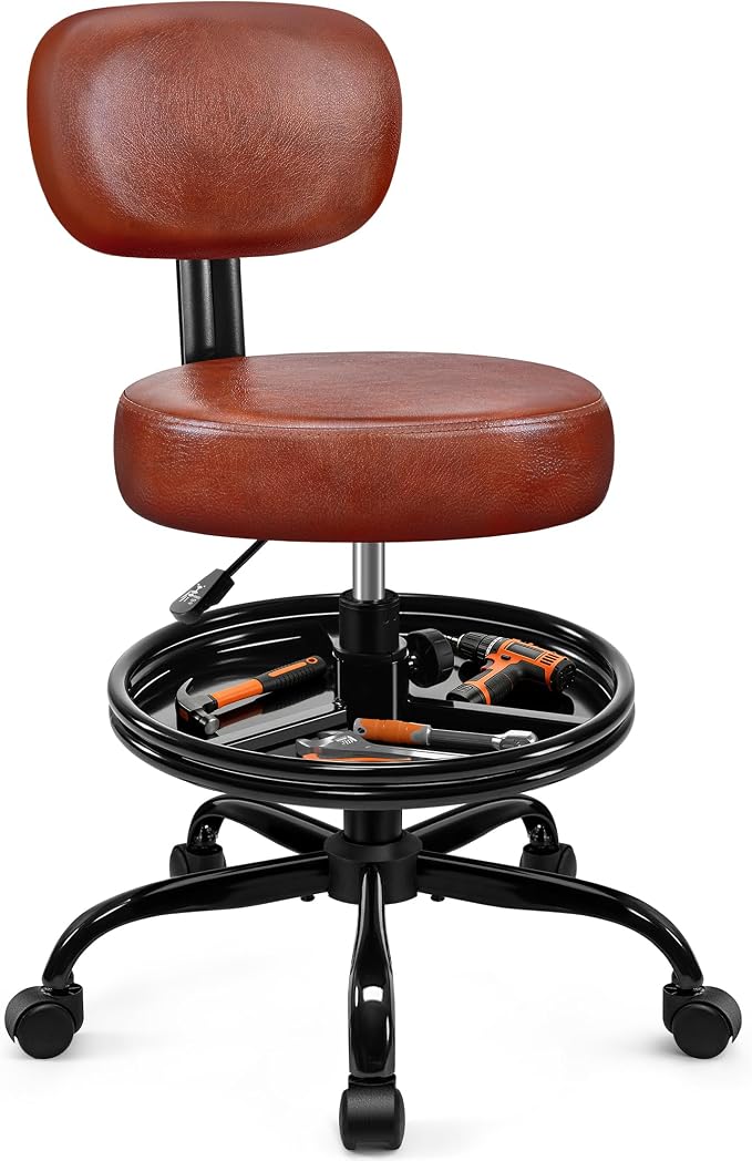 BestGlory Shop Stool with Wheels for Garage, Mechanics Rolling Chair with Backrest, Adjustable Height Heavy Duty Garage Stool with Footrest and Storage Tray, Swivel Task Chair for Workshop Salon
