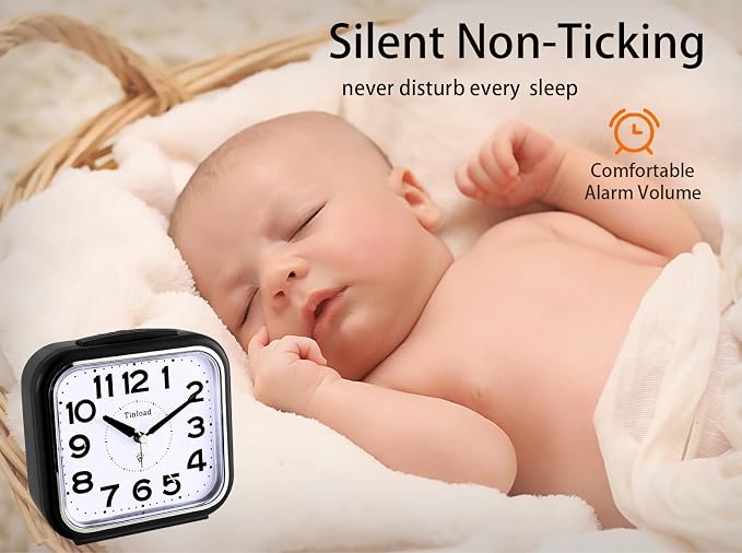 Tinload 5.5" Large No Ticking Analog Alarm Clock,Silent Readable for Seniors,Easy to Set,Gradual Rise Alarm,Big Numbers,Gentle Wake,Snooze, Lighted on Demand,Battery Operated(Black-B)
