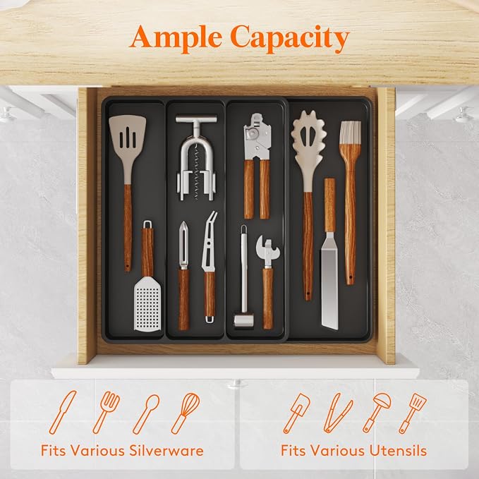 Lifewit Utensil Organizer for Kitchen Drawer, Expandable Cooking Silverware Tray, Adjustable Cutlery Flatware Holder, Plastic Spatula Tools Storage Divider, 17.3 x 15.8", Black