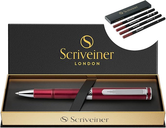 Scriveiner Red Rollerball EDC Luxury Pen, Chrome Finish, 4 Black Medium Refills