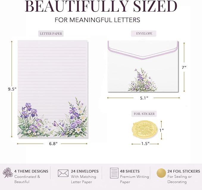 Elegant Floral Stationary Set Letter and Envelopes with 4 Unique Designs, Lined Letter Writing Stationery Paper and Envelopes Set, Letter Writing Kit, Cute Stationery Set for Women