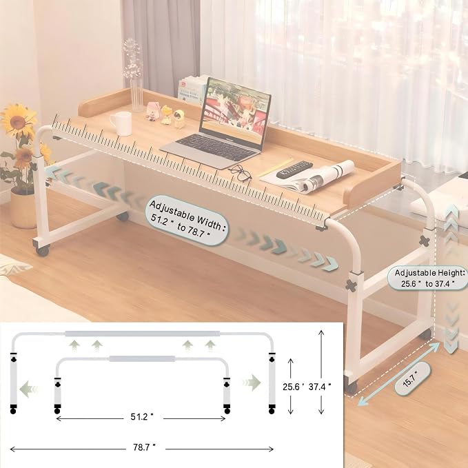 Overbed Table with Wheels and Desktop Enclosure, Height and Length Adjustable Over Bed Desk King Queen Bed Table Overbed Laptop Table (Walnut)