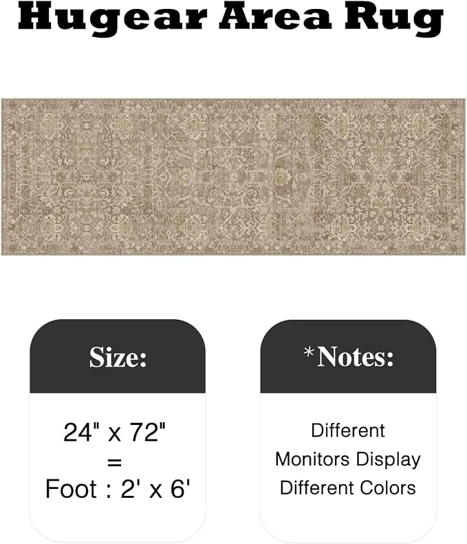 HUGEAR 2x6 Runner Rug Hallway Light Brown Machine Washable Vintage Floral Low Pile Carpet Vacuumable Distressed Long Throw Rug Bedroom Office Bathroom Kitchen Laundry Non Slip Soft Lightweight