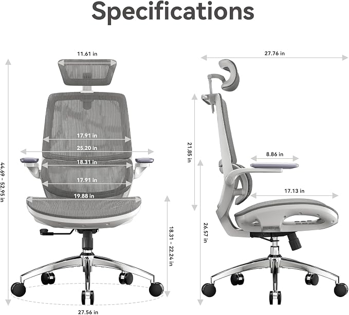 SIHOO M59AS Ergonomic Office Chair, Desk Chair with 3D Flip-up Armrests, Computer Chair with Dual Back Design and Adaptive Dynamic Lumbar Support, 2 Packs, Grey