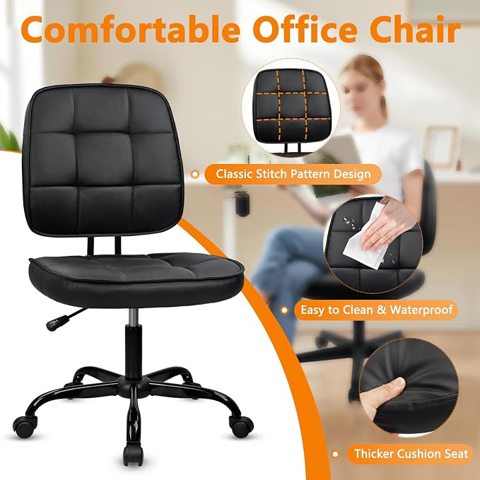 CLATINA Home Office Chair No Arms with Wheels, Armless Small Leather Ergonomic Low Back Desk Chairs Adjustable Height 360° Swivel Rolling Computer Task Chair for Work Conference Room, Black, 8 Pack