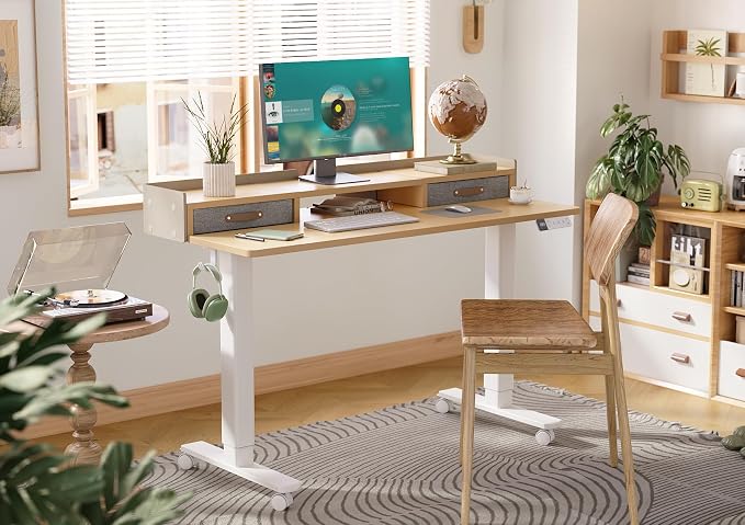 Claiks Standing Desk with Drawers & Wheels, 2 Height Shelf 55" Natural | 2 height adjust shelf, tabletop drawers, felt fence design, sturdy supports 176 lbs, 4 wheels, 2 tire monitor stand