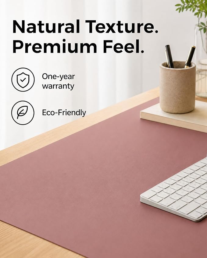 Aothia Dual-Sided Desk Mat, FSC Cork & PU Leather Desk Pad, Large Mouse Pad & Writing Surface for Compact Workspace, Non-Slip Waterproof Desk Protector - 25.6" x 13.7", Pale Mauve