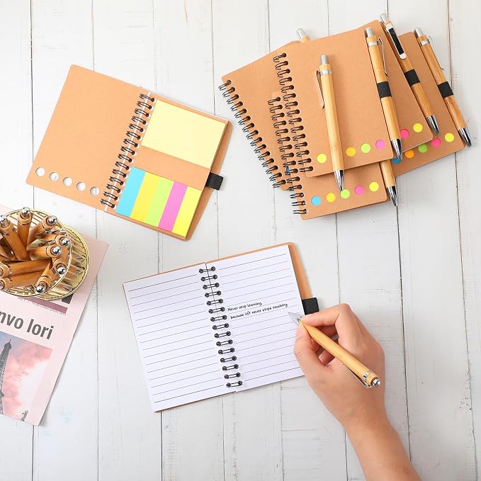 Chuangdi 50 Sets Lined Spiral Notebooks with Sticky Notes and Bamboo Pens, Back-to-school Supplies for Office Teacher Staff, Kraft Notebook with Pen Set Bulk for Employee