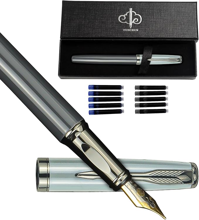 YUNCHUN Fountain Pens Set for Writing, Fancy Medium Nib Ink Pens of Morandi Color with 5 Black and 5 Blue Refills Cartridges, Best Pen Gift Set for Men & Women, Office Professional Pen for Work, Gray
