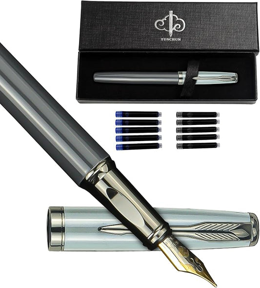 YUNCHUN Fountain Pens Set for Writing, Fancy Medium Nib Ink Pens of Morandi Color with 5 Black and 5 Blue Refills Cartridges, Best Pen Gift Set for Men & Women, Office Professional Pen for Work, Gray