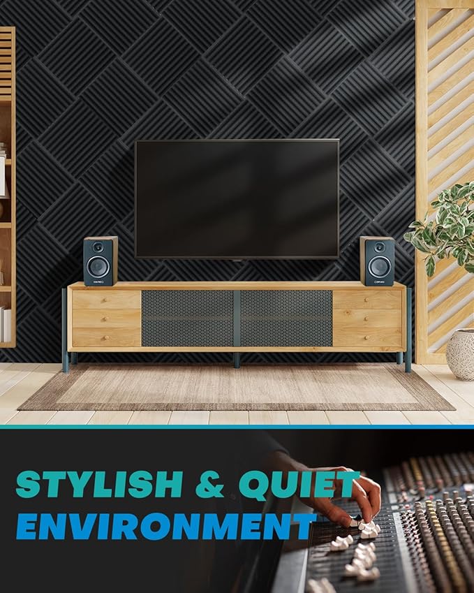24 Pack Sound Proof Foam Panels for Walls with Self Adhesive, 12x12x1 Acoustic Foam Panels, High Density Acoustic Panels Sound Absorbing, Fire Resistant Studio Sound Proofing Black
