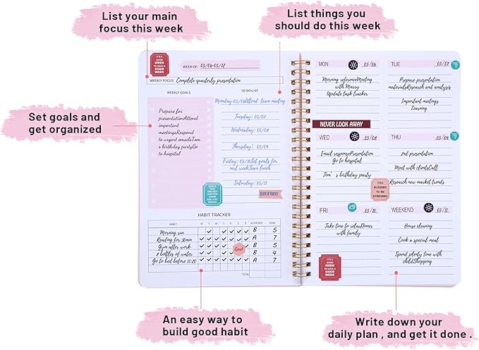 Undated Weekly Planner with Habit Tracker, 52 Weeks To Do List Notebook A5 Weekly Goal Planner with Spiral Binding & Stickers Home Work School Supplies for Women Girls 8.2" x 5.7" - Pink