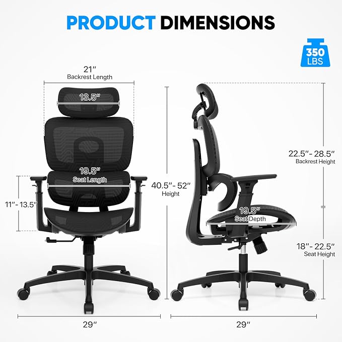 MoNiBloom Ergonomic Office Chair, High Back Mesh Desk Chair for Home, Black | with 3d armrest, high back desk chair, adjustable headrest, lumbar support, recline range from 90 to 145 degrees, L-Shape