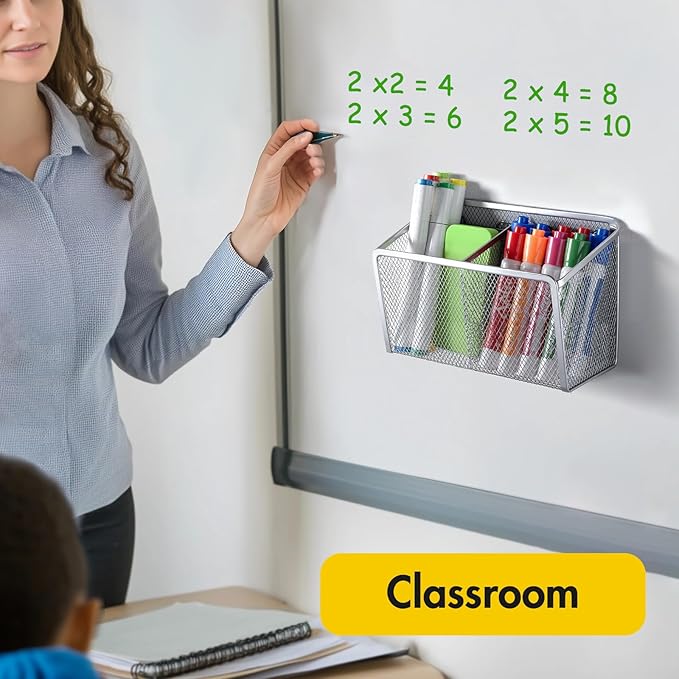 BEYGORM Magnetic Dry Erase Marker Holder for Whiteboard, Mesh Pen & Pencil Holder for Refrigerator, Strong Magnetic Basket for School Locker, Office & Classroom Organizer (Silver, 1-Pack)
