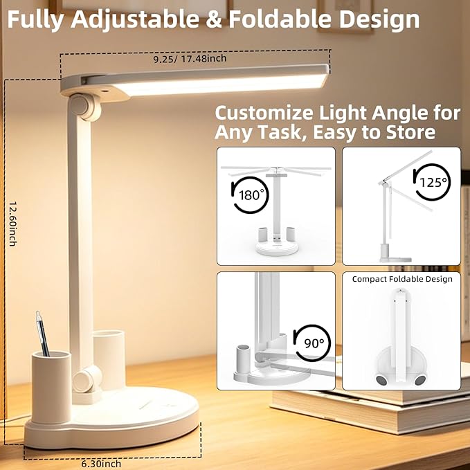 LED Desk Lamp for Home Office Bedroom, Battery Operated Dimmable Table Lamp with Pen Holder, 3 Color Modes, Small, Dimmable, Rechargeable, Phone Mount, Touch Control