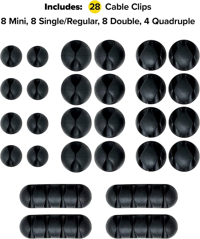 Wrap-It Storage Cable Clips - (Assorted 28-Pack) Black | Desk and Nightstand Cable Holder for Phone and Bedside Table Cord Organizer