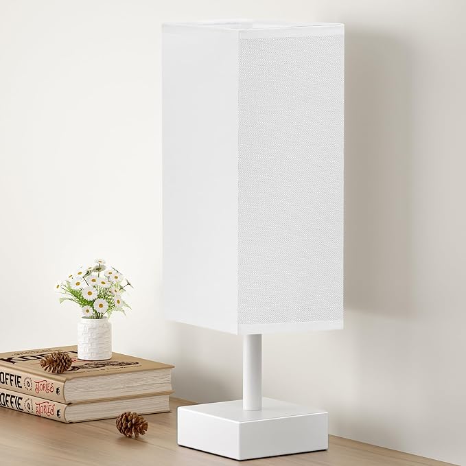aooshine White Small Table Lamp - Bedside Lamp for Bedroom, Minimalist Nightstand Lamp with Square Fabric Shade, Desk Lamp for Kids Room Dorm