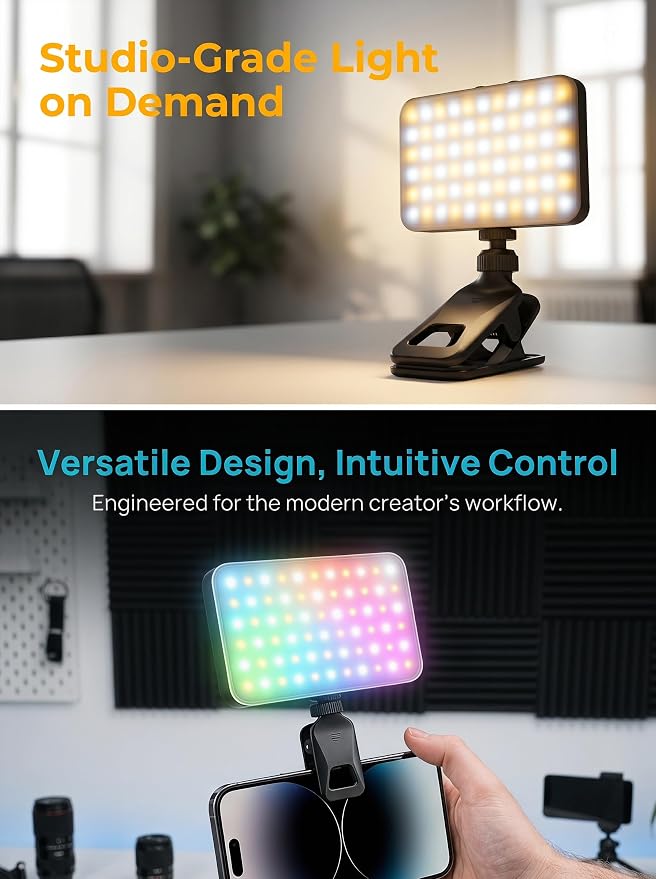 91 LED Portable Charger Selfie Light Video Conference Lighting | Clip & Camera Tripod Adapter, Rechargeable 2000mAh, CRI 96+, 4 Light Modes, For Phone iPhone Webcam Laptop Makeup