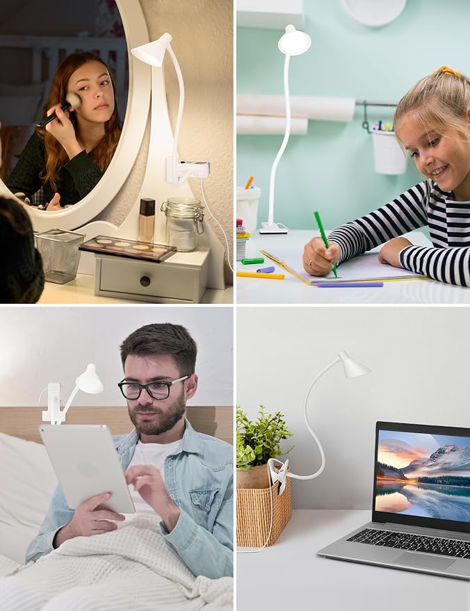 LiFMIRA Desk Lamp Clip on Light USB Reading Light 3 Color Modes 10 Dimmable Brightness Eye Care Clamp Desk Lamp Flexible Gooseneck Book Light for Reading in Bed and Desk