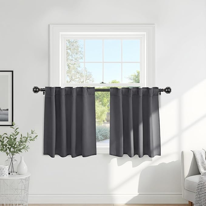 PONY DANCE Short Curtains Half Window Curtains for Bedroom, Privacy Blackout Energy Saving Drapes for Living Room Bathroom Shades, Wide 29 x Long 36 inches per Panel, Grey, 2 Pcs