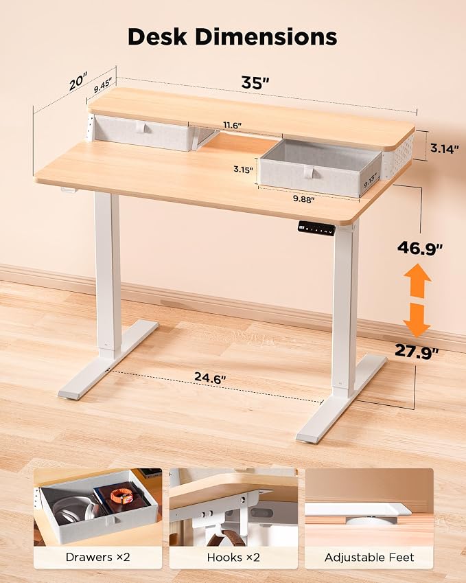 FiCiHi 35x20 Inch Standing Desk with Drawers, C-Clamp Mount Compatible, Electric Adjustable Height Computer Small Stand Up Desks, Home Office Sit Stand Table with 3 Preset Heights, Maple