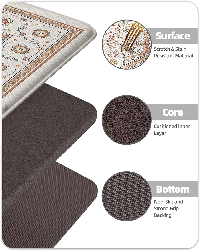 Color&Geometry Kitchen Floor Mat 24x59 Vintage Anti Fatigue, Oatmeal | 0.4in Cushion Standing Mat For Cooking/Working/Laundry, Boho Decor, Non Slip PVC Kitchen Rug, Oil/Water Proof, Anti Slip