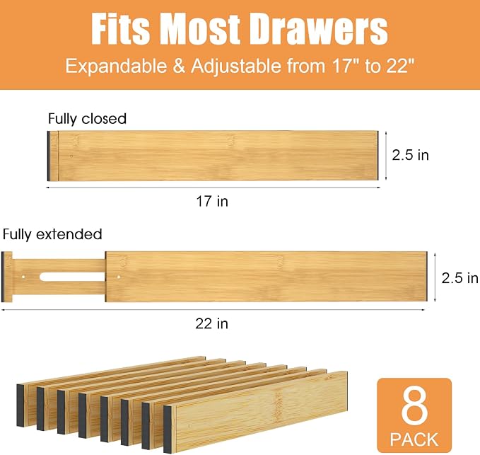 Bamboo Drawer Dividers, Adjustable Drawer Organizers, Fits 17.6–21" Drawers | 2.5" High, 8 Pack Expandable Drawer Separators for Kitchen, Nursery, Dressers & Office Storage, Natural