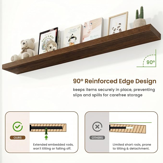 Marsmiles 55in Floating Shelves for Wall, 72" W x 9.25" D x 1.5" H, Long Wall Mounted Engineered Wood Shelves with Invisible Brackets for Living Room, Bedroom, Bathroom, Kitchen, Walnut, 2Pcs