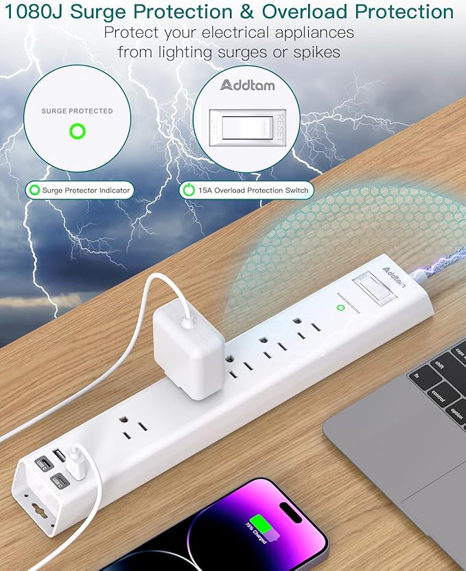2 Pack Surge Protector Power Strip - 5 Widely Spaced Outlets 4 USB Ports, 5Ft Extension Cord, Flat Plug, Wall Mount Outlet Extender, Desk Charging Station for Home Office College Dorm Room Essentials