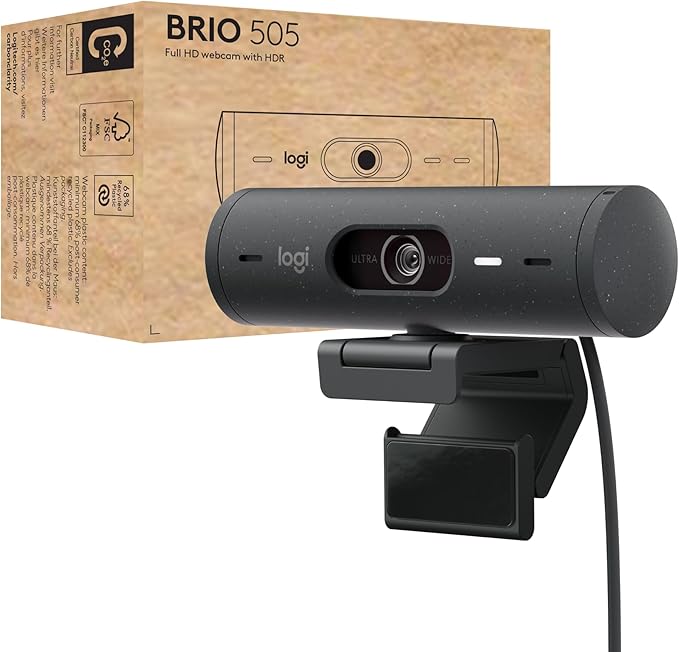 Logitech Brio 505 Full HD 1080p Webcam with auto Light Correction, framing, Dual Noise Reduction mics, Privacy Shutter - Works with Teams, Meet, Zoom, TAA Compliant.